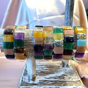 Rainbow Multi Gemstone Natural Healing Crystal Stretch Bangle Bracelet
